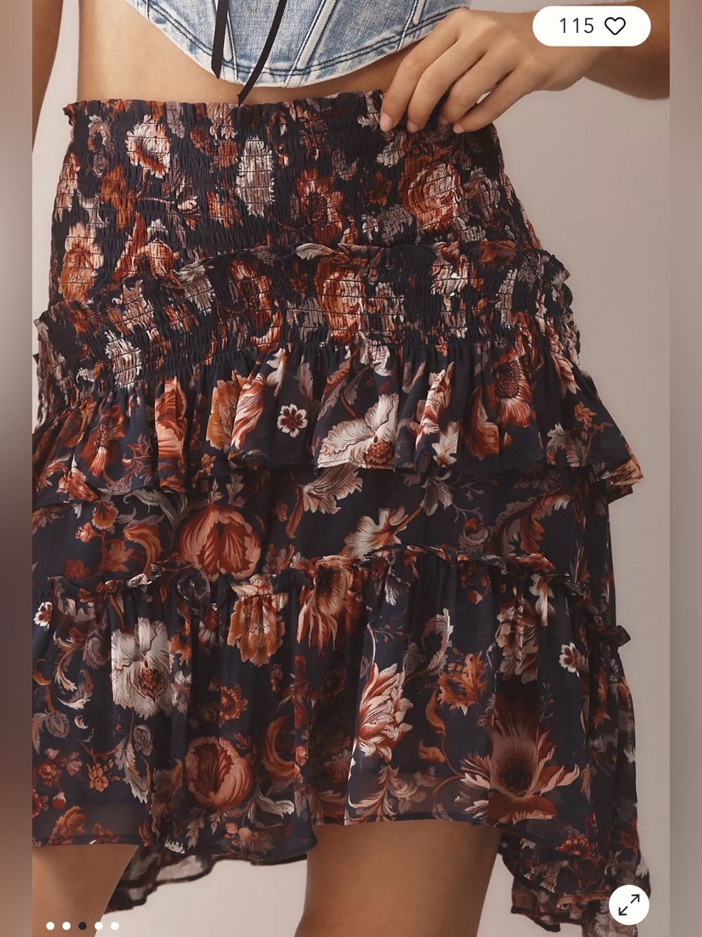 Anthropologie Navy Floral Ruffle Mini Skirt